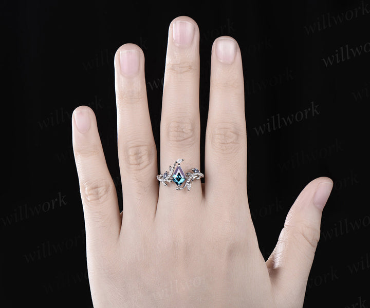 Kite cut alexandrite ring vintage white gold half eternity diamond branch leaf unique engagement ring women retro anniversary gift