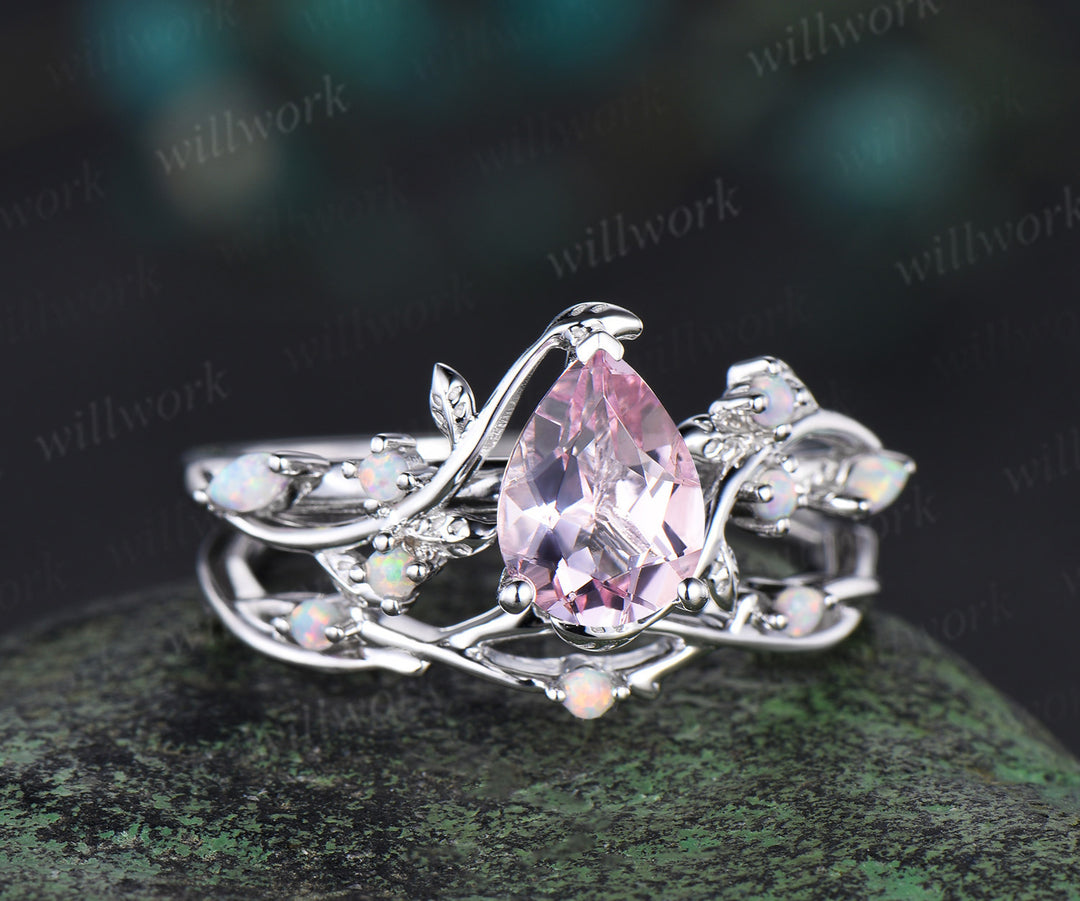 14K white Gold pink Morganite Opal Ring Set Unique Leaf Vine Wedding Ring Pear Bridal Proposal Ring for Fianc??×ã|e Gemstone Ring
