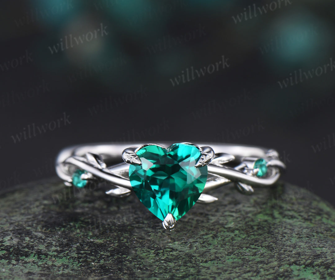 Vintage heart green emerald engagement ring set 14k white gold leaf branch moss agate ring women unique wedding anniversary gift