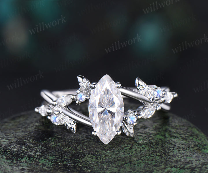 1ct marquise cut IGI lab-grownd diamond engagement ring white gold infinity leaf moonstone ring vintage diamond promise wedding ring women