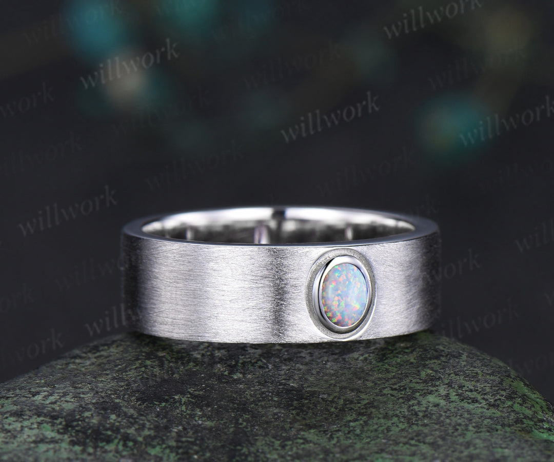 Oval shape opal men wedding band brushed finsh solitaire ring solid white gold engagement ring unique October birthstone anniversary gift