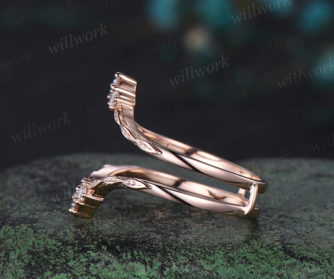 Vintage double curved diamond wedding band enhancer wraps solid 14k rose gold leaf wedding ring band women anniversary gift
