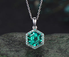 Hexagon cut emerald necklace 14k white gold halo unique pendant green gemstone dainty anniversary gift for women