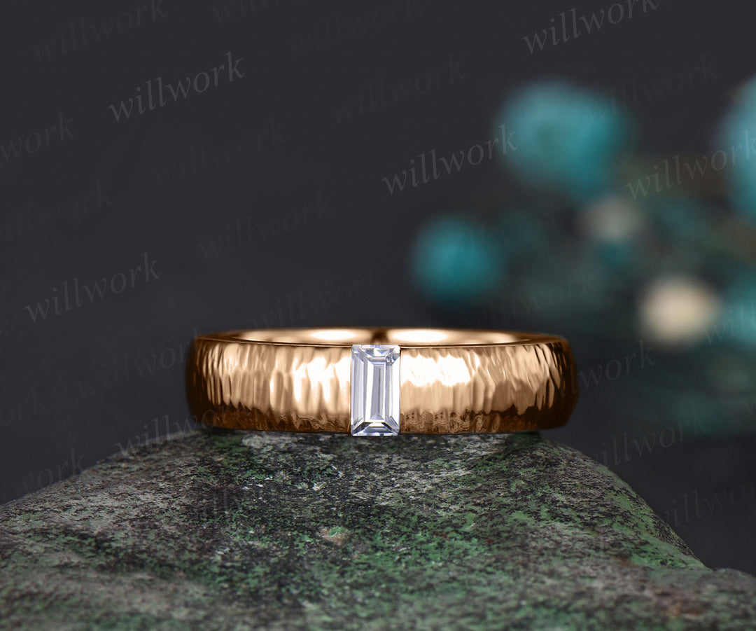 Unique Mens moissanites Wedding Band Baguette Cut art deco Band 5mm Solid Gold Ring Mens Hammered Stacking Matching Band Retro Vintage Ring Gift