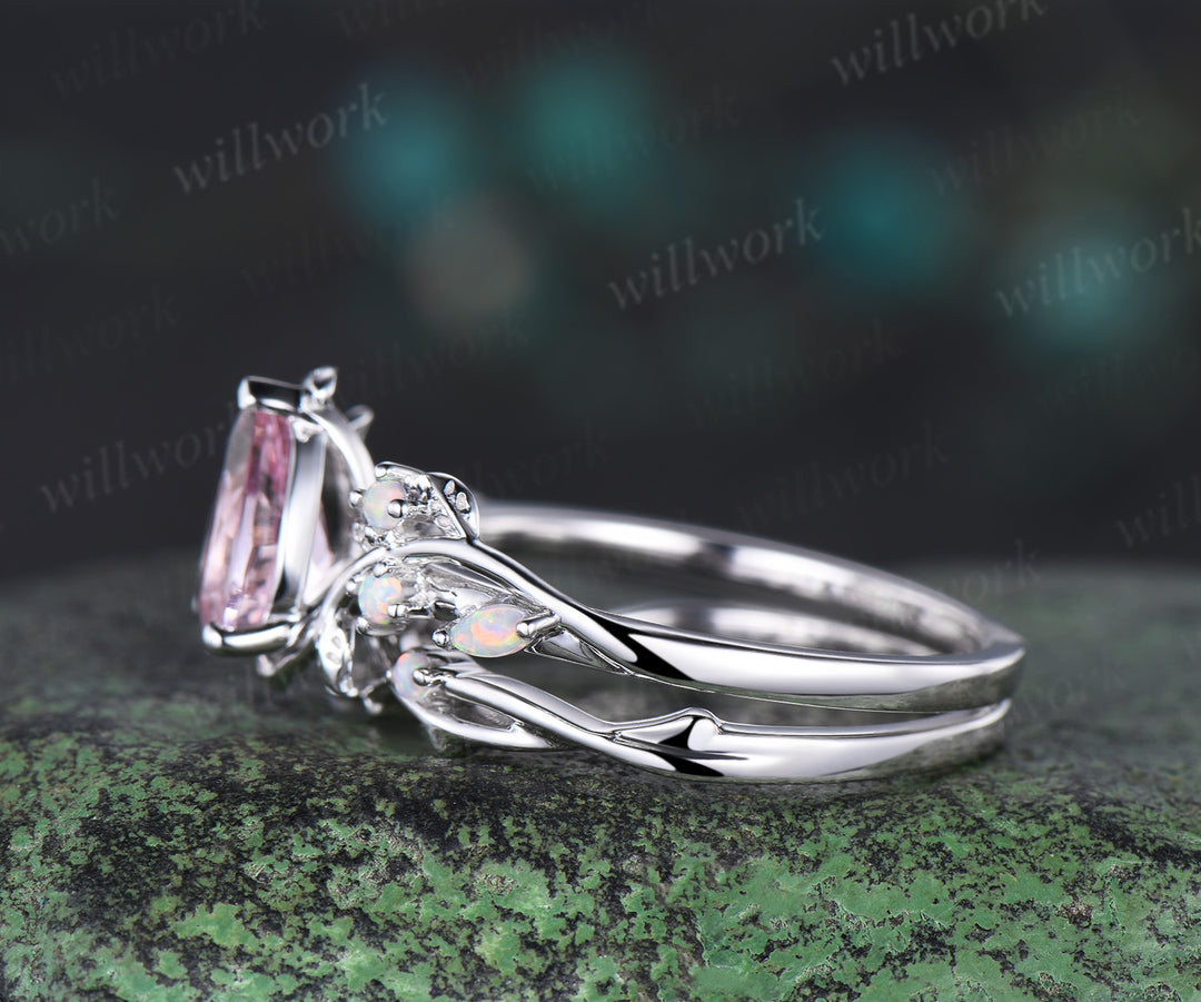14K white Gold pink Morganite Opal Ring Set Unique Leaf Vine Wedding Ring Pear Bridal Proposal Ring for Fianc??×ã|e Gemstone Ring