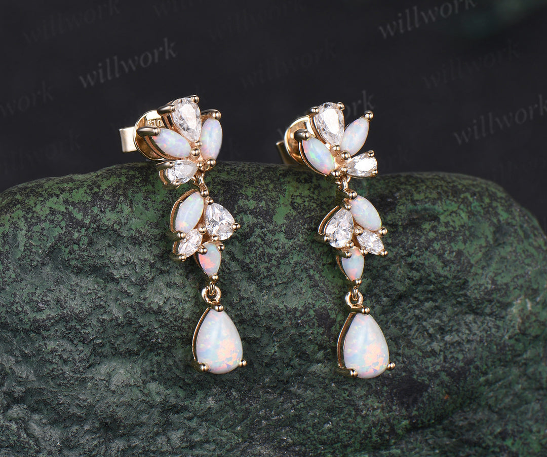 Pear opal earrings solid 14k yellow gold cluster diamond opal drop earrings women jewelry anniversary gift for her