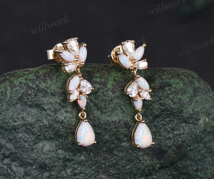 Pear opal earrings solid 14k yellow gold cluster diamond opal drop earrings women jewelry anniversary gift for her