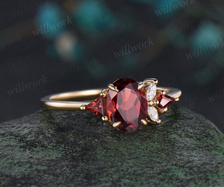 Oval cut garnet ring vintage yellow gold Trillion cut garnet kite moissanite ring women cluster unique engagement ring gift