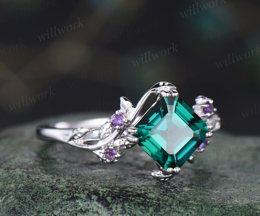 Asscher cut emerald engagement ring vintage leaf amethyst wedding ring nature inspired promise ring May birthstone jewelry