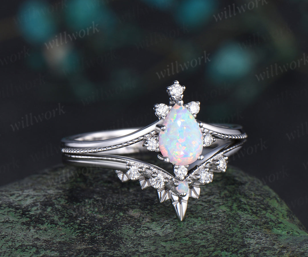 Pear shaped opal engagement ring set white gold Lace cluster diamond bridal wedding ring set women