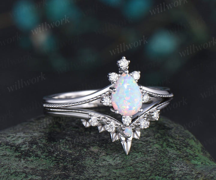 Pear shaped opal engagement ring set white gold Lace cluster diamond bridal wedding ring set women