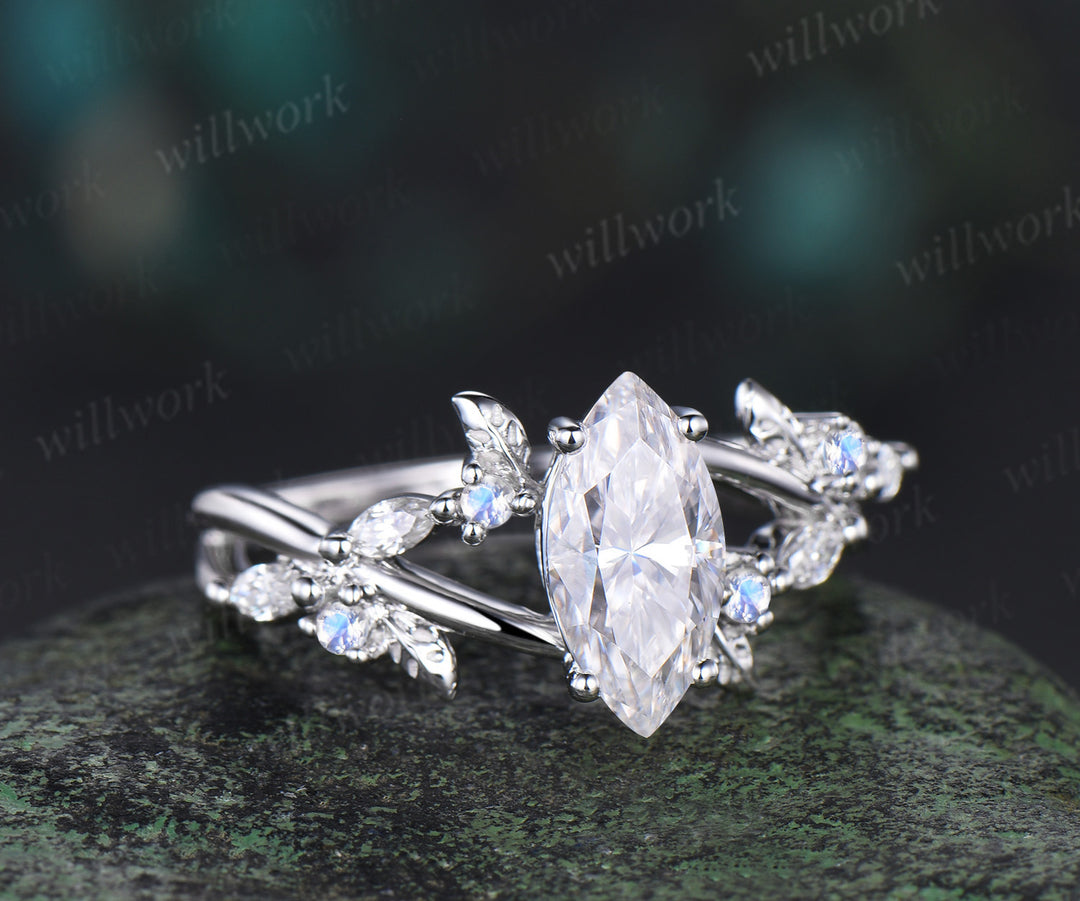 1ct marquise cut IGI lab-grownd diamond engagement ring white gold infinity leaf moonstone ring vintage diamond promise wedding ring women
