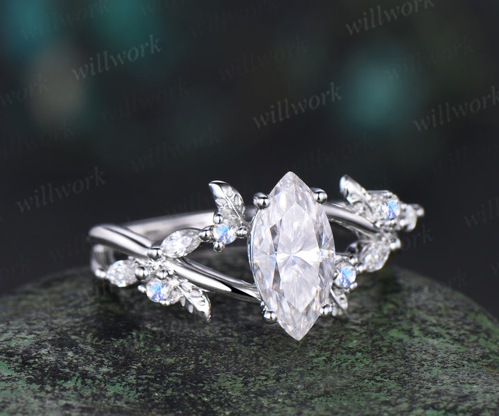 1ct marquise cut IGI lab-grownd diamond engagement ring white gold infinity leaf moonstone ring vintage diamond promise wedding ring women
