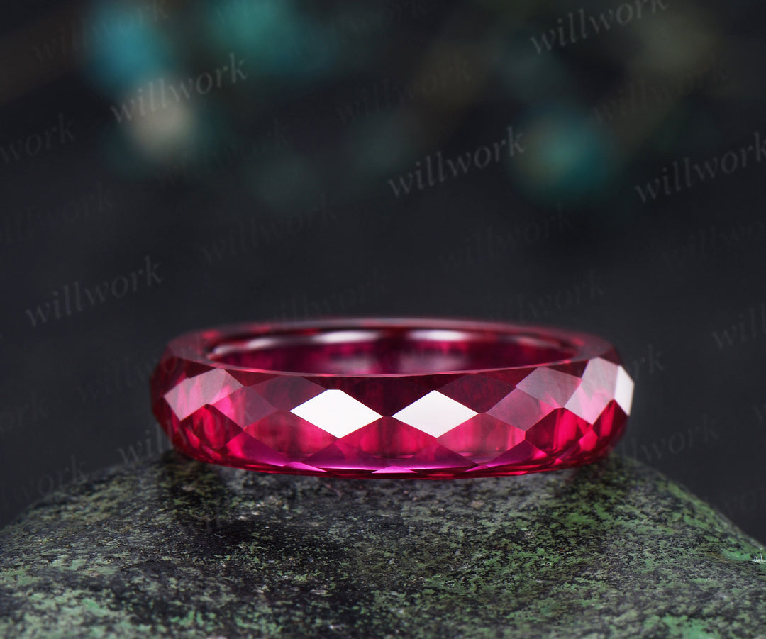 Briolette cut red ruby rough stone wedding band mens full eternity dainty ruby bridal engagement ring women July birthstone gift for him