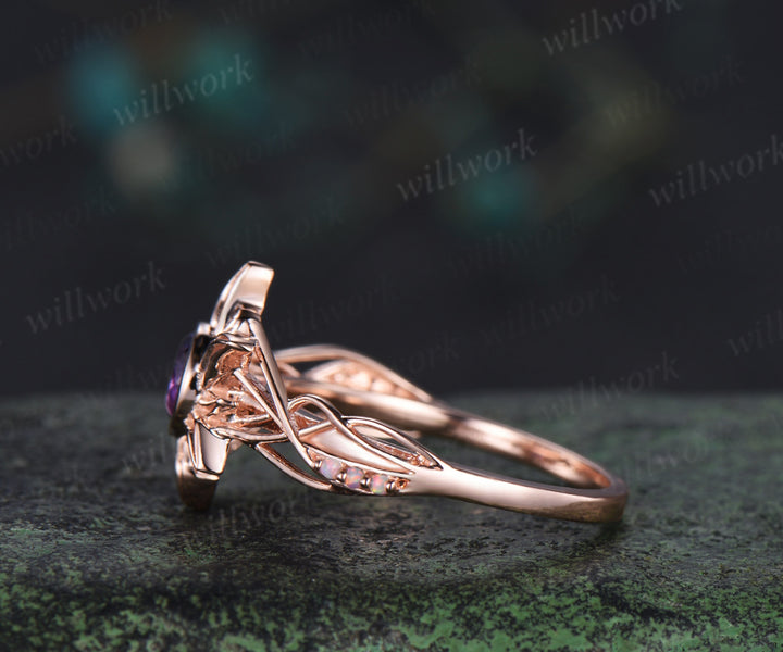 Sun inspired amethyst ring round cut amethyst corona sun filigree opal ring soild rose gold wedding ring gifts for her