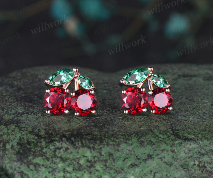 Round Ruby Earrings 14k Rose gold Marquise Emerald Earrings Jewelry Xmas Gift for Her
