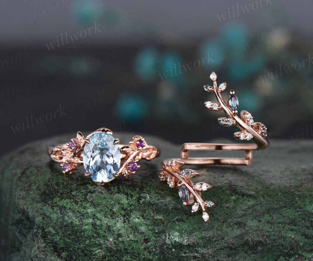Vintage oval aquamarine engagement ring nature inspired leaf amethyst ring wedding band enhancer twisted bridal ring set women