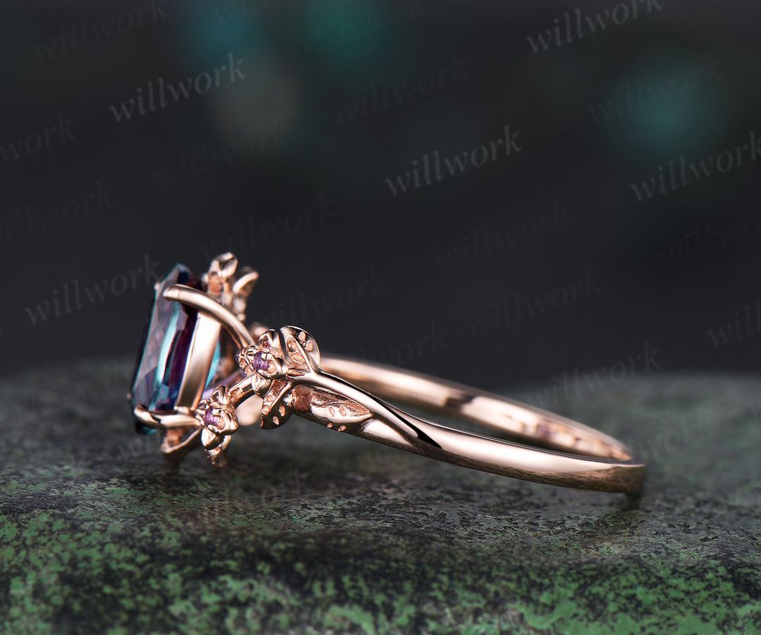 Oval cut alexandrite ring 14k rose gold floral leaf Nature Inspired Engagement Ring five stone wedding ring women