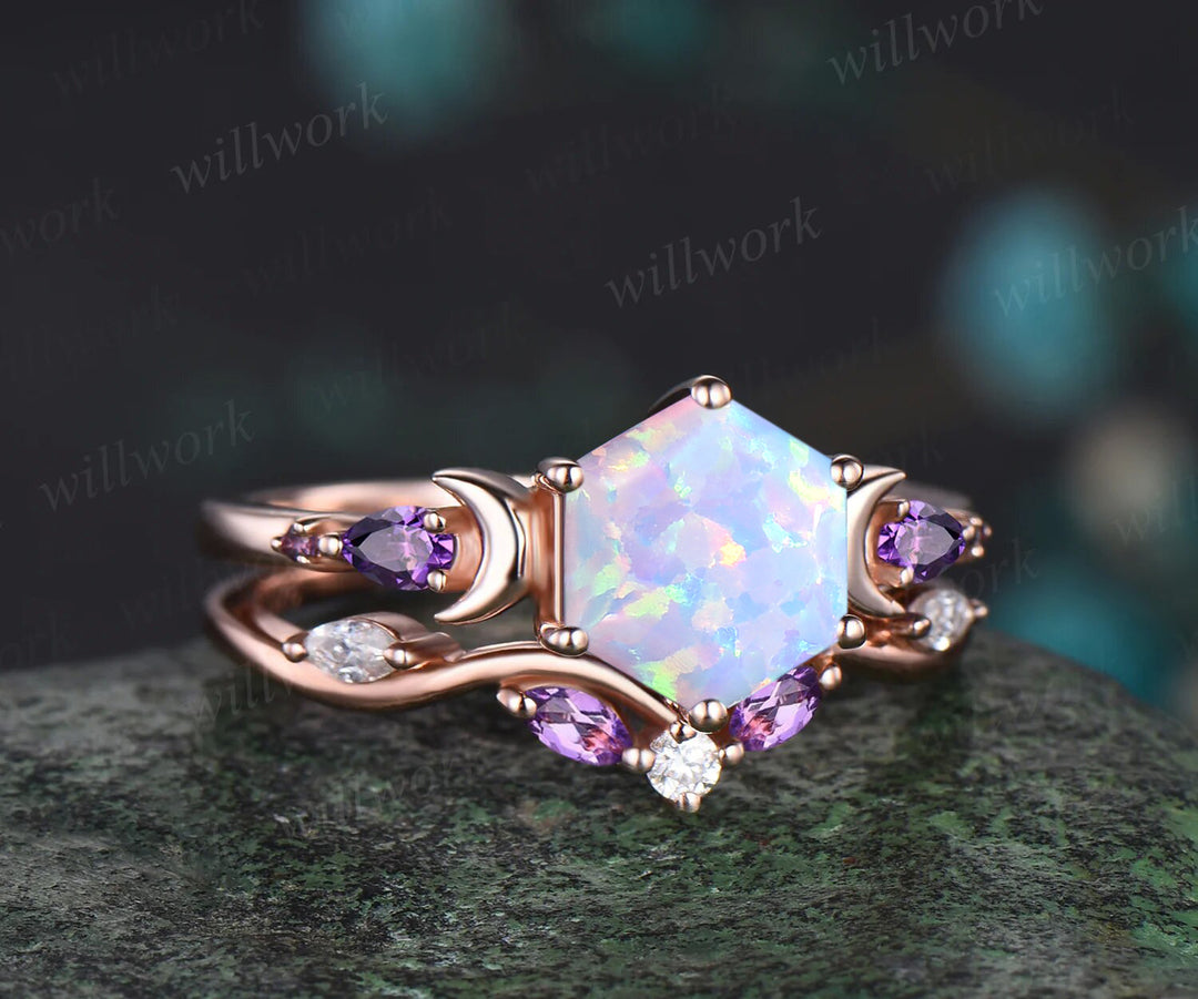 October birthstone Hexagon Opal Engagement Ring Set 14k Rose Gold Amethyst Moissanite Moon Wedding Ring Five Stone 2pcs Bridal Ring Set