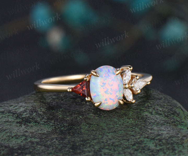 Oval white opal ring vintage yellow gold Trillion cut garnet kite moissanite ring women cluster unique engagement ring gift