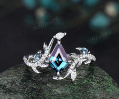 Kite cut alexandrite ring vintage white gold half eternity diamond branch leaf unique engagement ring women retro anniversary gift