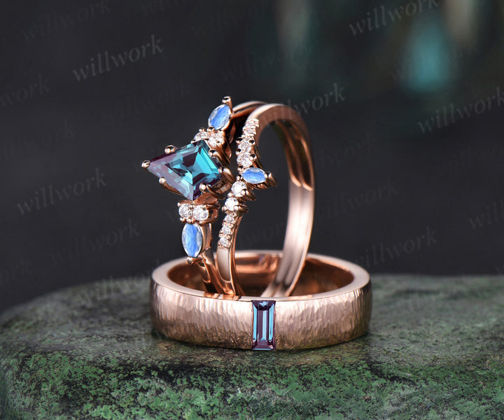 Captivating Alexandrite Kite & Moonstone Ring Set | Refined baguette Alexandrite Men's Ring 14K rose gold couple set jewellery Perfect for Valentine's Day Gifts and Thoughtful Presents for Her