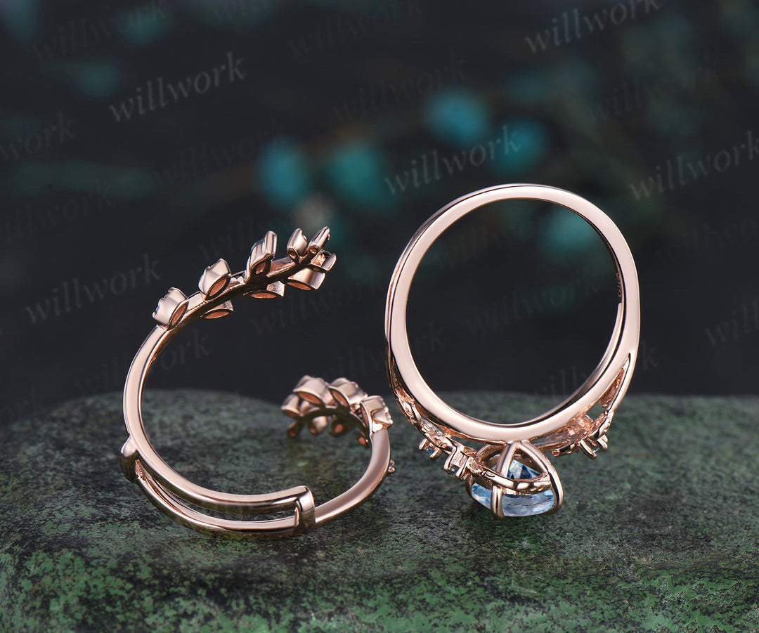 Vintage oval aquamarine engagement ring nature inspired leaf amethyst ring wedding band enhancer twisted bridal ring set women