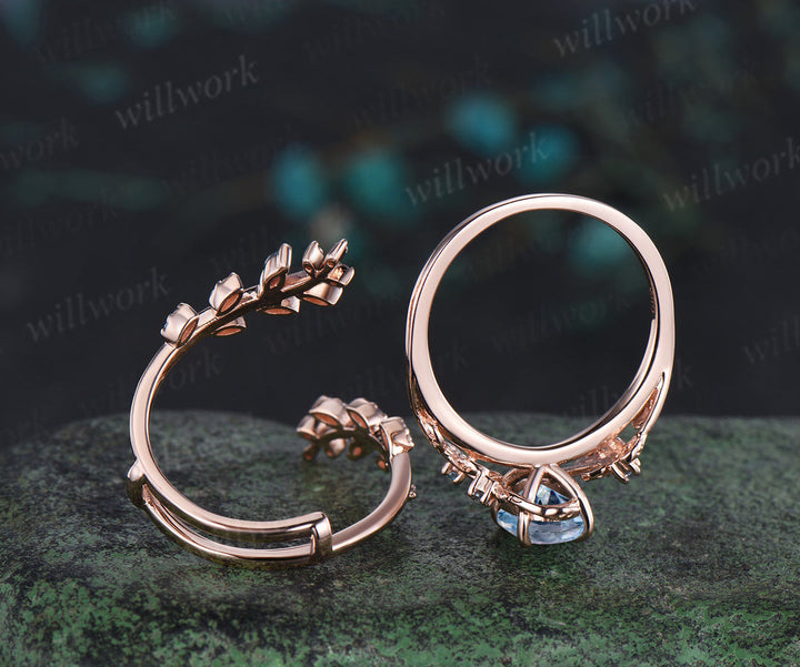 Vintage oval aquamarine engagement ring nature inspired leaf amethyst ring wedding band enhancer twisted bridal ring set women