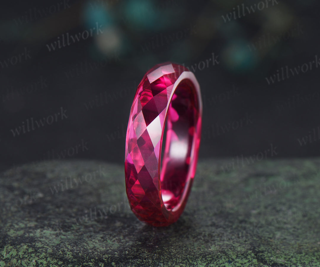 Briolette cut red ruby rough stone wedding band mens full eternity dainty ruby bridal engagement ring women July birthstone gift for him