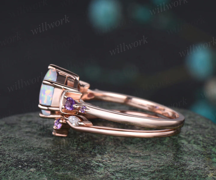 October birthstone Hexagon Opal Engagement Ring Set 14k Rose Gold Amethyst Moissanite Moon Wedding Ring Five Stone 2pcs Bridal Ring Set