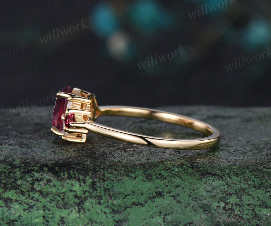 Oval cut garnet ring vintage yellow gold Trillion cut garnet kite moissanite ring women cluster unique engagement ring gift