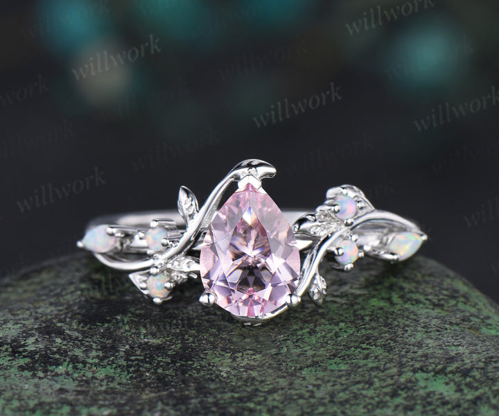 14K white Gold pink Morganite Opal Ring Set Unique Leaf Vine Wedding Ring Pear Bridal Proposal Ring for Fianc??×ã|e Gemstone Ring