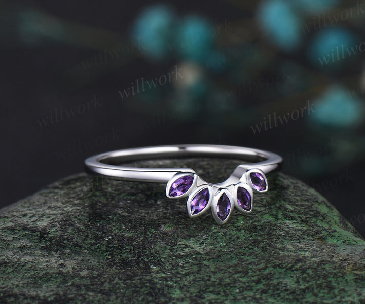 Curved Crown Shaped Wedding Band Marquise Amethyst Wedding Ring Unique Amethyst Wedding Band Solid 14k Rose Gold Ring Anniversary Ring Gift