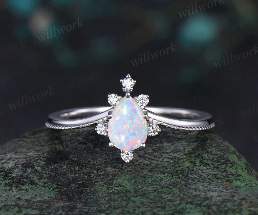 Pear shaped opal engagement ring set white gold Lace cluster diamond bridal wedding ring set women