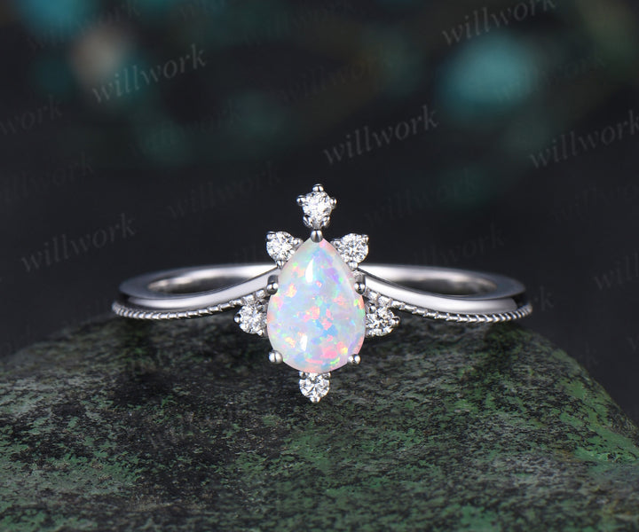 Pear shaped opal engagement ring set white gold Lace cluster diamond bridal wedding ring set women