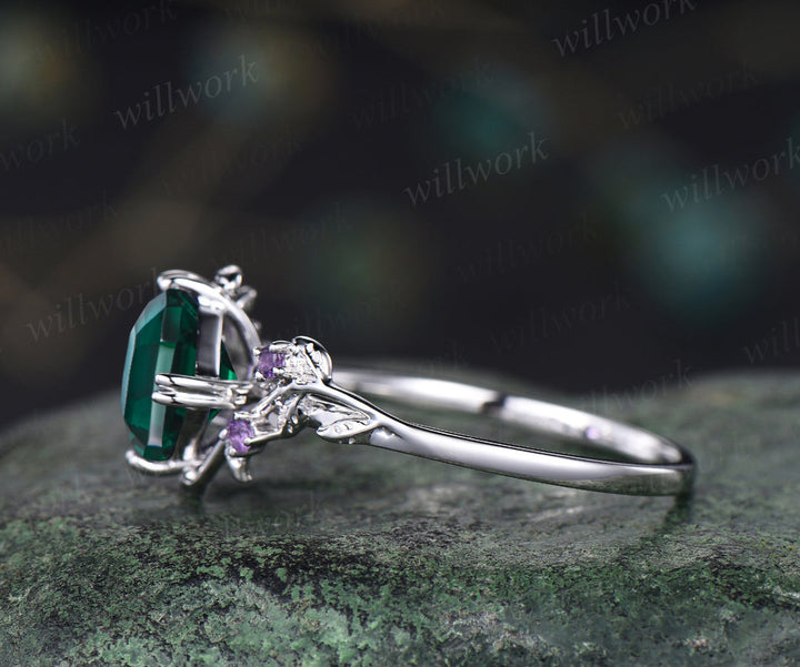 Asscher cut emerald engagement ring vintage leaf amethyst wedding ring nature inspired promise ring May birthstone jewelry