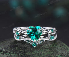 Vintage heart green emerald engagement ring set 14k white gold leaf branch moss agate ring women unique wedding anniversary gift