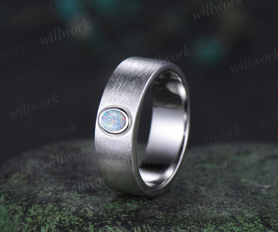 Oval shape opal men wedding band brushed finsh solitaire ring solid white gold engagement ring unique October birthstone anniversary gift