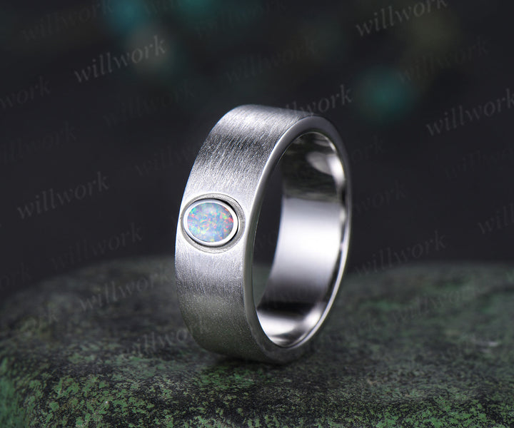 Oval shape opal men wedding band brushed finsh solitaire ring solid white gold engagement ring unique October birthstone anniversary gift