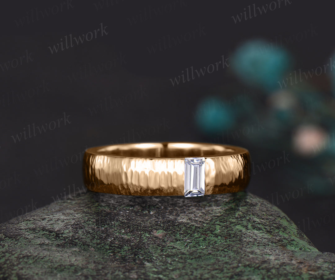 Unique Mens moissanites Wedding Band Baguette Cut art deco Band 5mm Solid Gold Ring Mens Hammered Stacking Matching Band Retro Vintage Ring Gift
