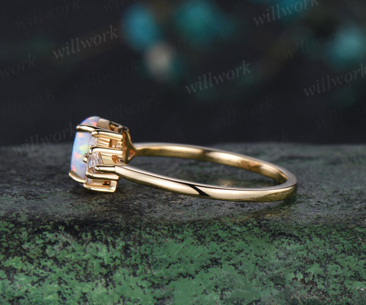 Oval white opal ring vintage yellow gold Trillion cut garnet kite moissanite ring women cluster unique engagement ring gift