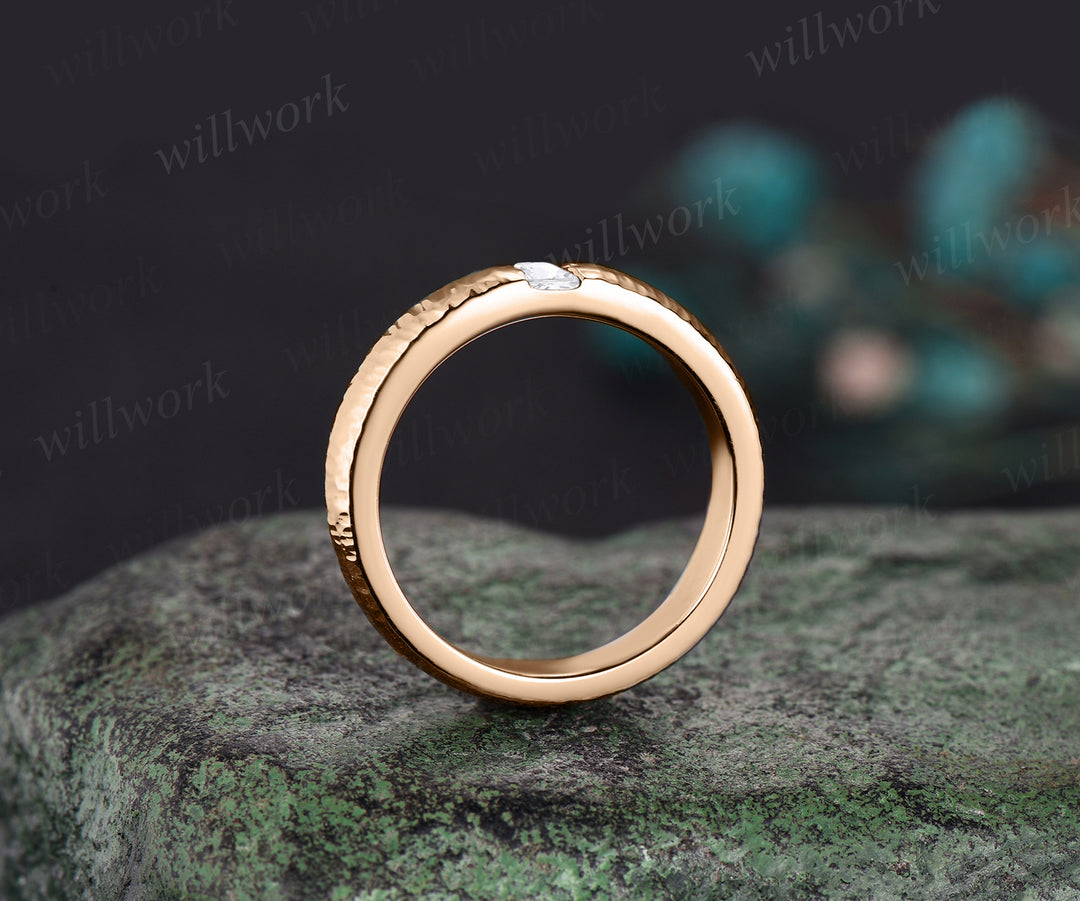 Unique Mens moissanites Wedding Band Baguette Cut art deco Band 5mm Solid Gold Ring Mens Hammered Stacking Matching Band Retro Vintage Ring Gift
