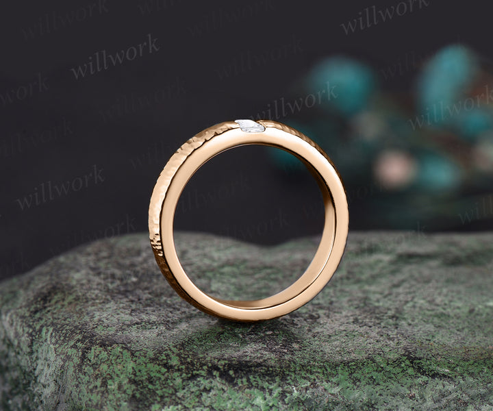 Unique Mens moissanites Wedding Band Baguette Cut art deco Band 5mm Solid Gold Ring Mens Hammered Stacking Matching Band Retro Vintage Ring Gift