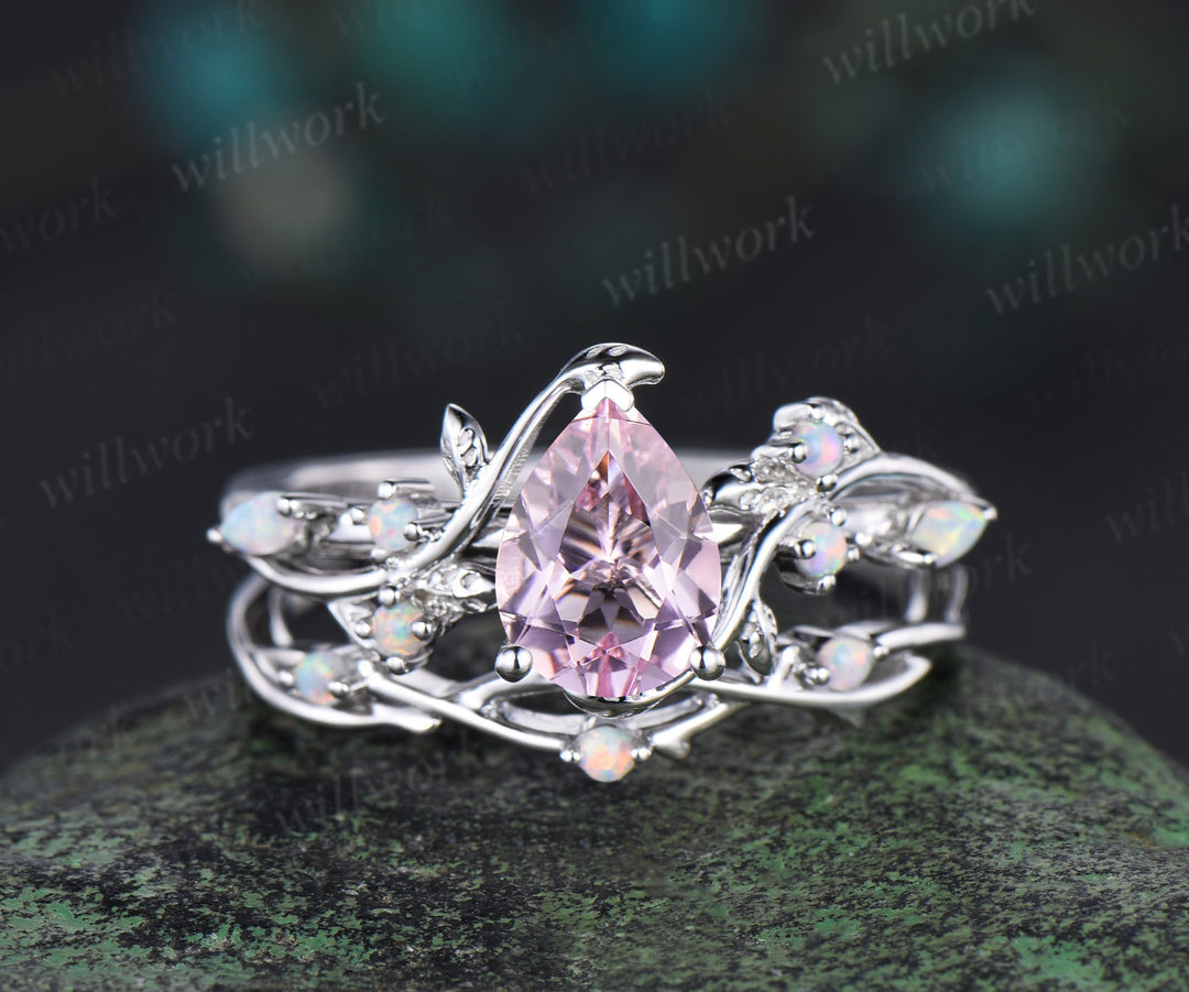 14K white Gold pink Morganite Opal Ring Set Unique Leaf Vine Wedding Ring Pear Bridal Proposal Ring for Fianc??×ã|e Gemstone Ring