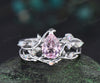 14K white Gold pink Morganite Opal Ring Set Unique Leaf Vine Wedding Ring Pear Bridal Proposal Ring for Fianc??×ã|e Gemstone Ring