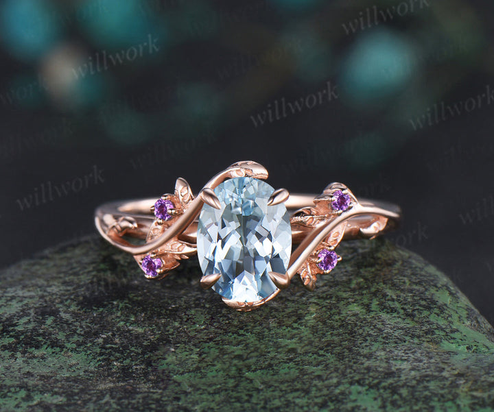 Vintage oval aquamarine engagement ring nature inspired leaf amethyst ring wedding band enhancer twisted bridal ring set women