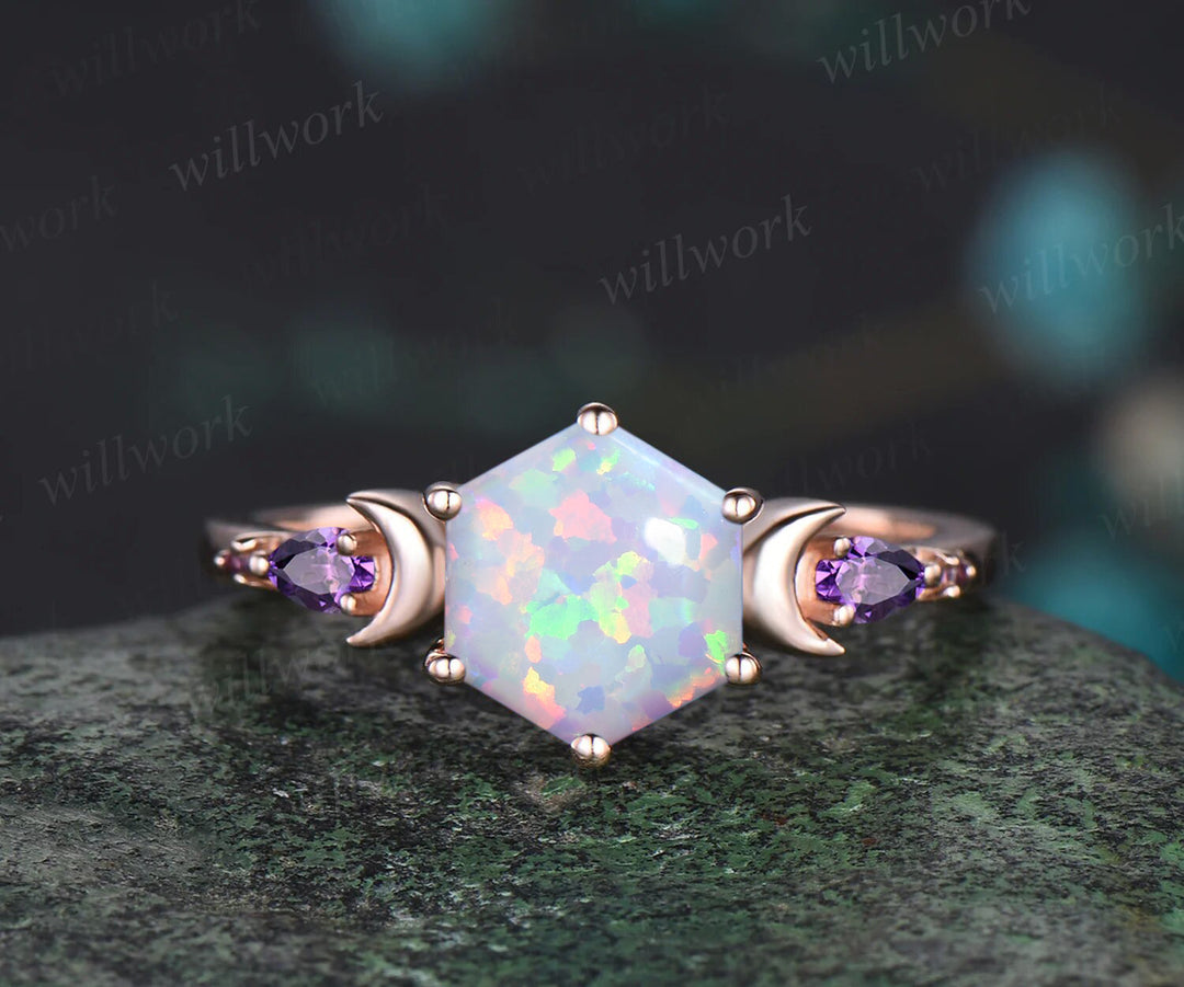 October birthstone Hexagon Opal Engagement Ring Set 14k Rose Gold Amethyst Moissanite Moon Wedding Ring Five Stone 2pcs Bridal Ring Set