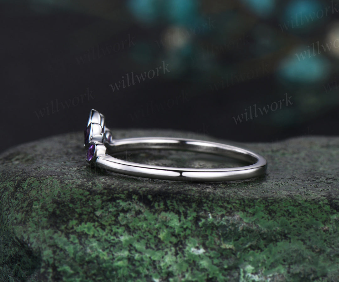 Curved Crown Shaped Wedding Band Marquise Amethyst Wedding Ring Unique Amethyst Wedding Band Solid 14k Rose Gold Ring Anniversary Ring Gift
