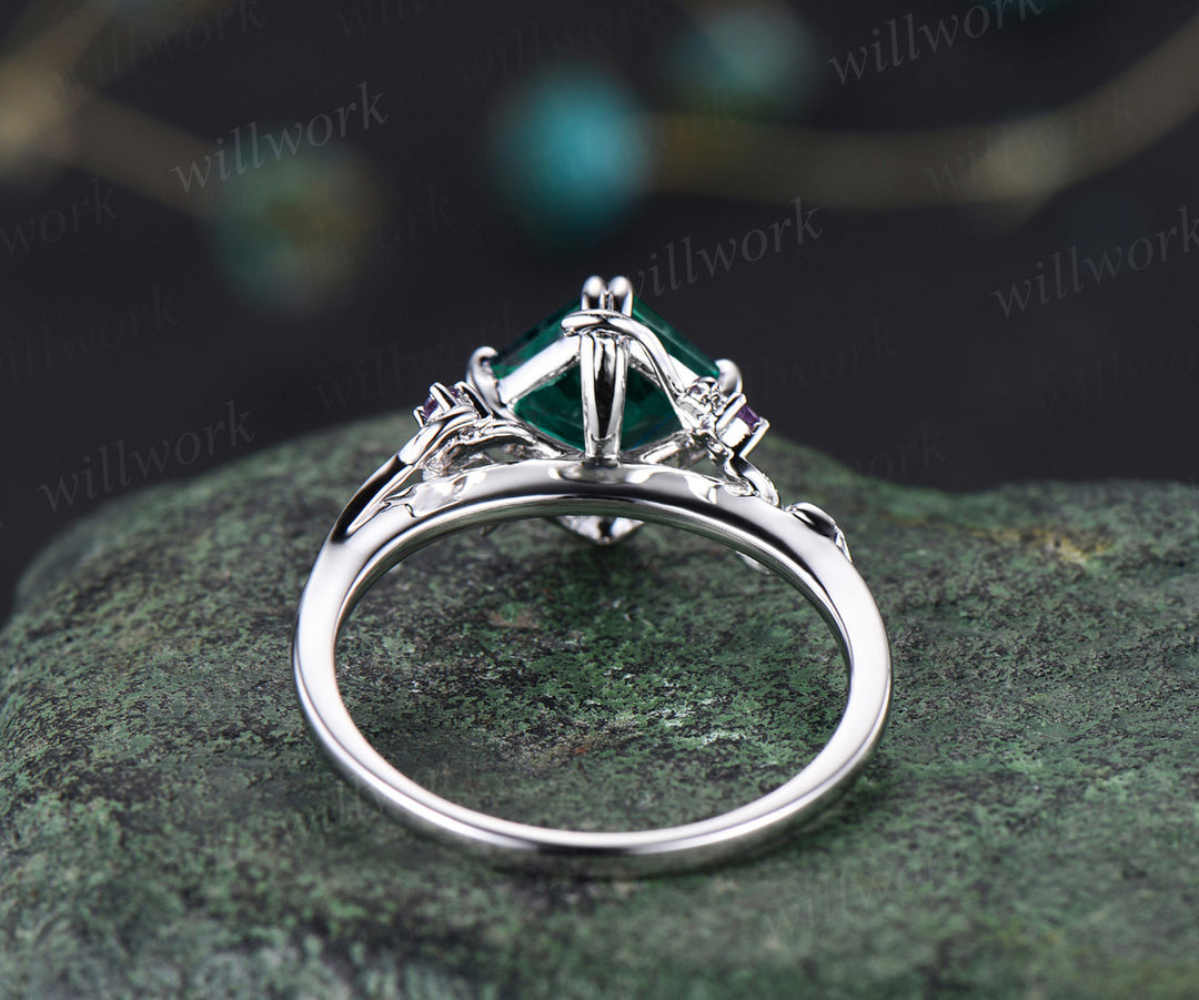 Asscher cut emerald engagement ring vintage leaf amethyst wedding ring nature inspired promise ring May birthstone jewelry
