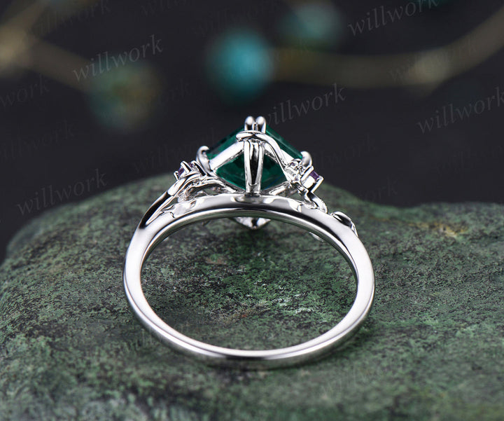 Asscher cut emerald engagement ring vintage leaf amethyst wedding ring nature inspired promise ring May birthstone jewelry